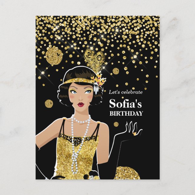 1920 flapper girl invitation, gatsby birthday invitation postcard (Front)