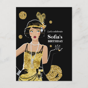 1920 flapper girl invitation, gatsby birthday invitation postcard