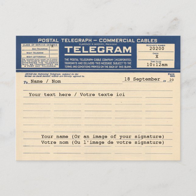 1920 Postal Telegram (Postcard) Postcard (Front)