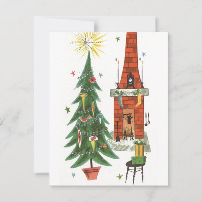 1920’s Vintage Christmas Tree and Fireplace Holiday Card (Front)