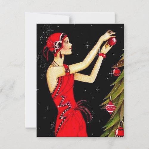 1920s Vintage Lady Decorating Christmas Tree  Hol Holiday Card