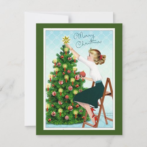 1920s Vintage Lady Decorating Christmas Tree Holiday Card