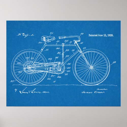 1920 Vintage Bicycle Patent Blueprint Art Print