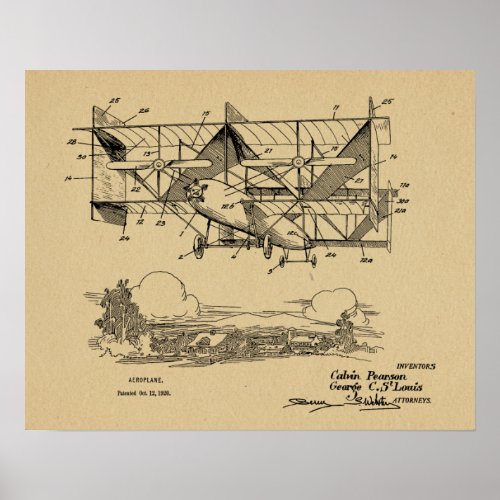 1920 Vintage Biplane Airplane Patent Drawing Print