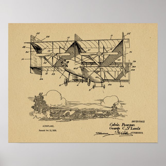 1920 Vintage Biplane Airplane Patent Drawing Print (Front)