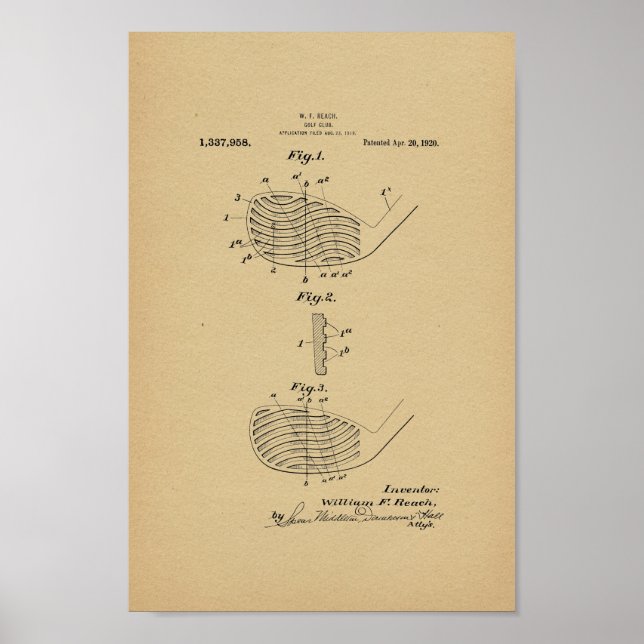 1920 Vintage Golf Club Patent Art Print (Front)