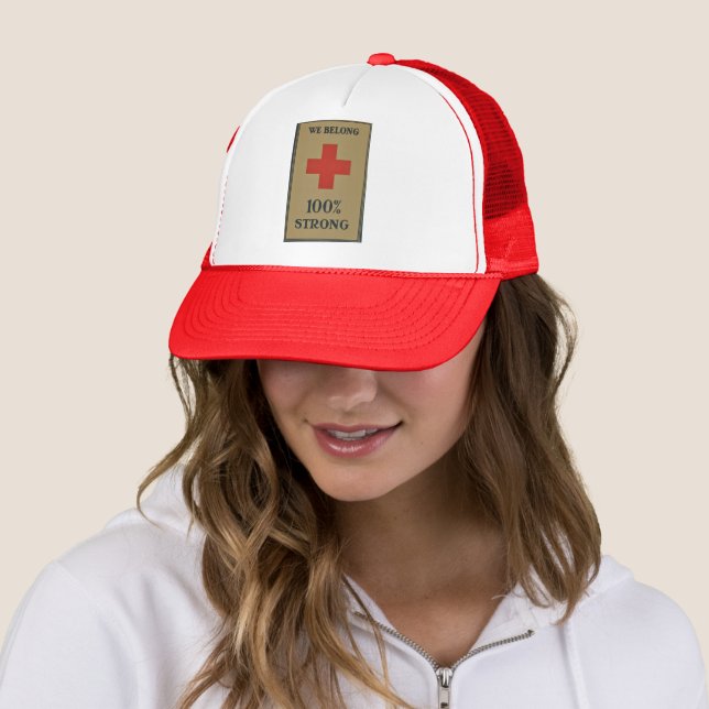 1920 WWI Red Cross "We Belong 100% Strong" Trucker Hat (In Situ)