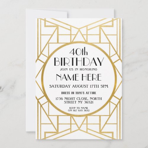 1920s Art Deco Birthday Gatsby Gold Invite