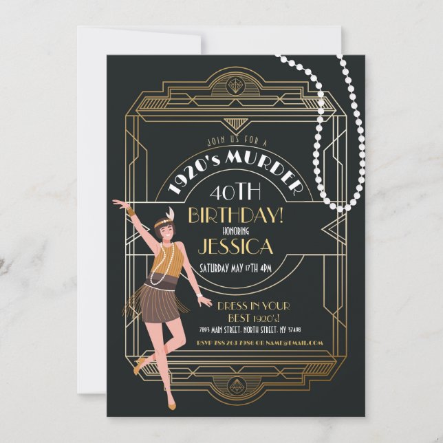 1920's Art Deco Birthday Gatsby Party Black & Gold Invitation (Front)