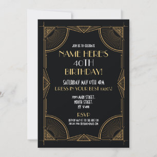 1920's Art Deco Birthday Gatsby Party Black & Gold Invitation