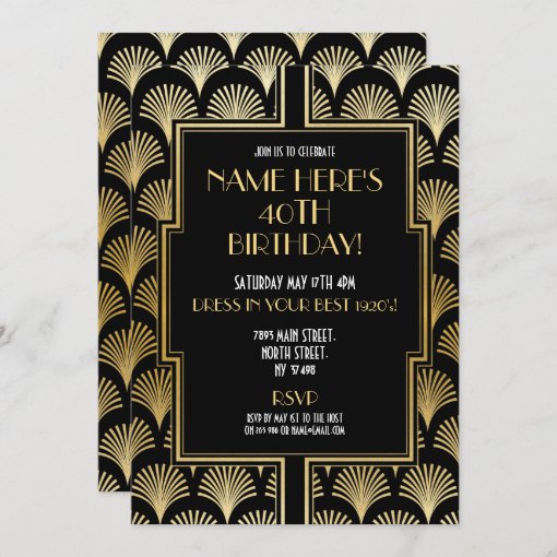 1920's Art Deco Birthday Gatsby Party Black & Gold Invitation | Zazzle