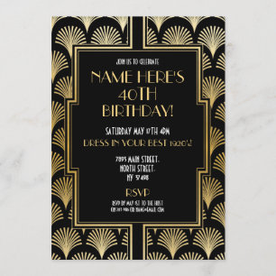 1920's Art Deco Birthday Gatsby Party Black & Gold Invitation
