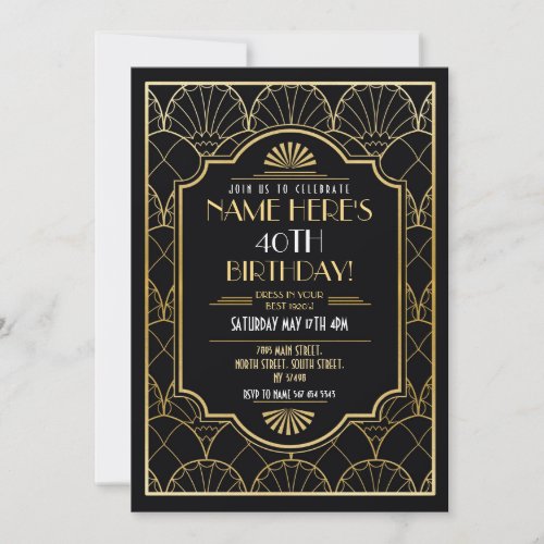 1920s Art Deco Birthday Gatsby Party Gold Invitation