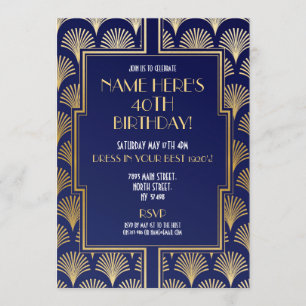 1920's Art Deco Birthday Gatsby Party Navy & Gold Invitation
