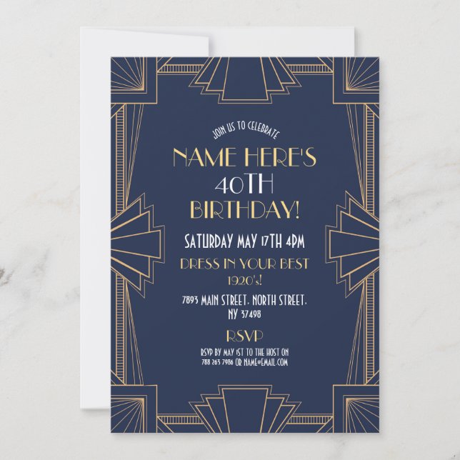1920's Art Deco Birthday Gatsby Party Navy & Gold Invitation (Front)