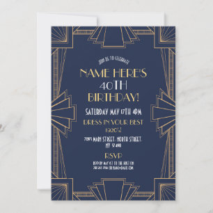 1920's Art Deco Birthday Gatsby Party Navy & Gold Invitation