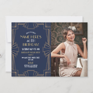 1920's Art Deco Birthday Gatsby Party Navy Photo Invitation