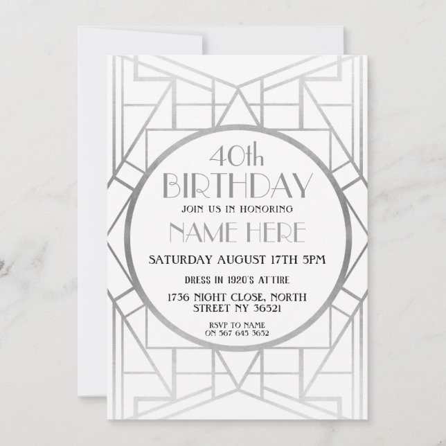 1920's Art Deco Birthday Gatsby Silver Invite (Front)