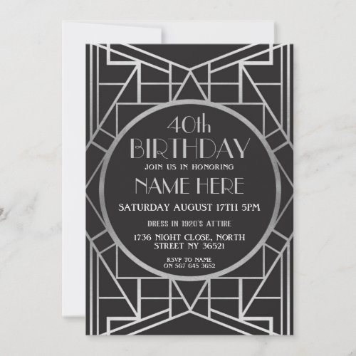 1920s Art Deco Birthday Gatsby Silver Invite