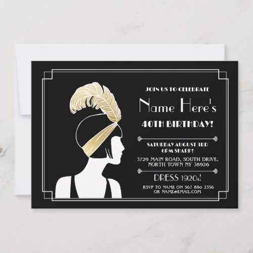 1920s Art Deco Birthday Invite Gatsby Girl Gold