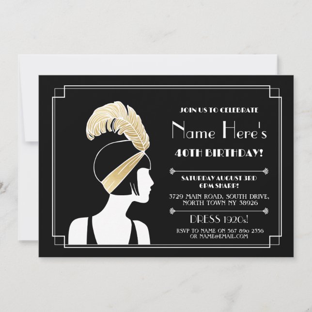 1920's Art Deco Birthday Invite Gatsby Girl Gold (Front)