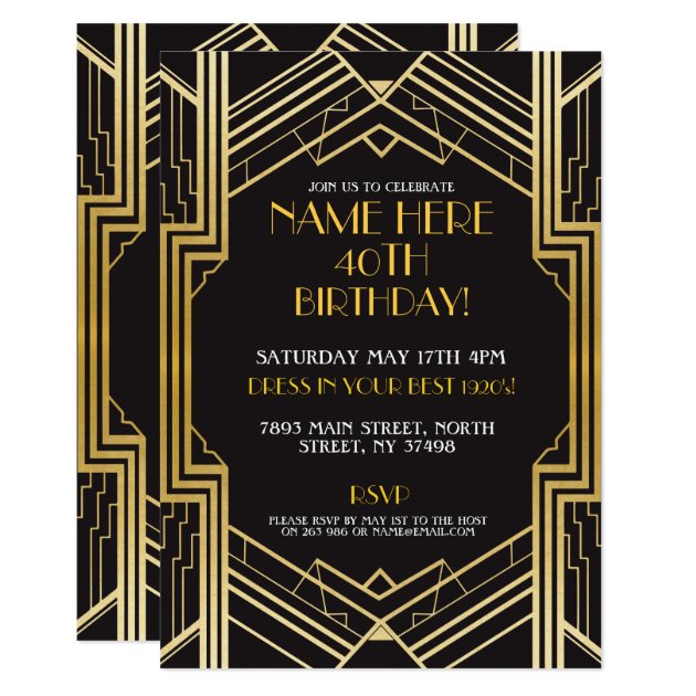 1920's Art Deco Birthday Invite Gatsby Party Gold