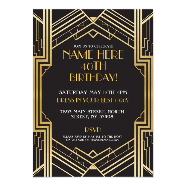 1920's Art Deco Birthday Invite Gatsby Party Gold