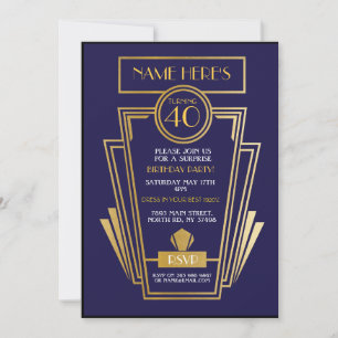 1920's Art Deco Birthday Invite Gatsby Party Navy