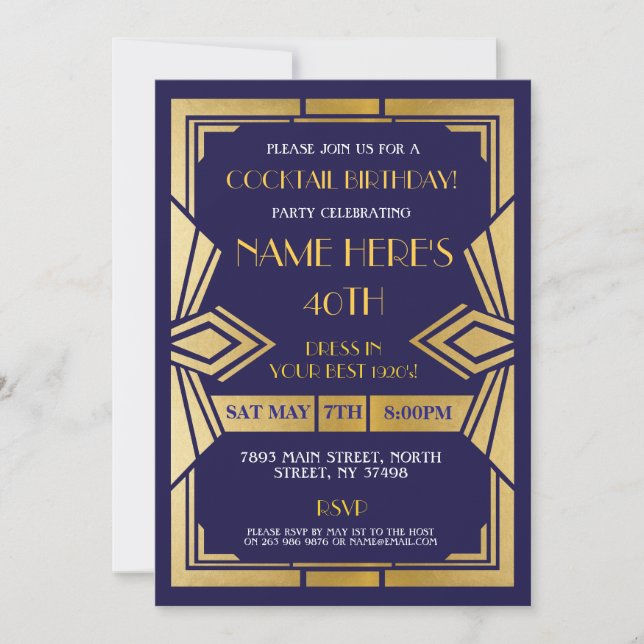 1920's Art Deco Birthday Invite Gatsby Party Navy (Front)