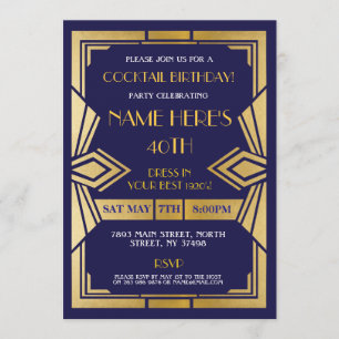 1920's Art Deco Birthday Invite Gatsby Party Navy