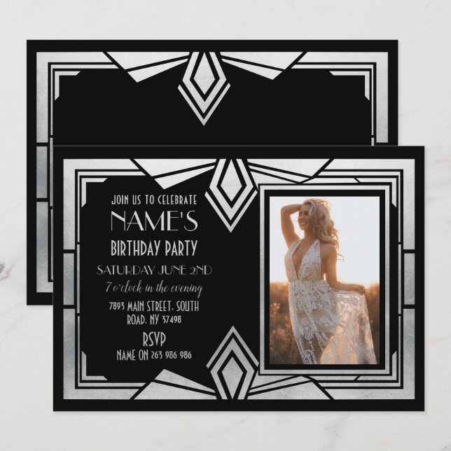 1920's Art Deco Birthday Party Photo Invite Gatsby (Front/Back)