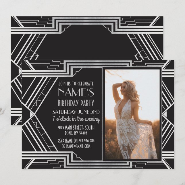 1920's Art Deco Birthday Party Photo Invite Gatsby (Front/Back)