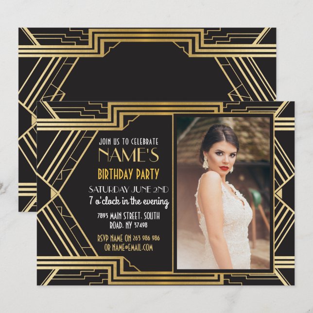 1920's Art Deco Birthday Party Photo Invite Gatsby (Front/Back)