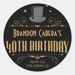 1920s Art Deco Black & Gold 40th Birthday Party Classic Round Sticker