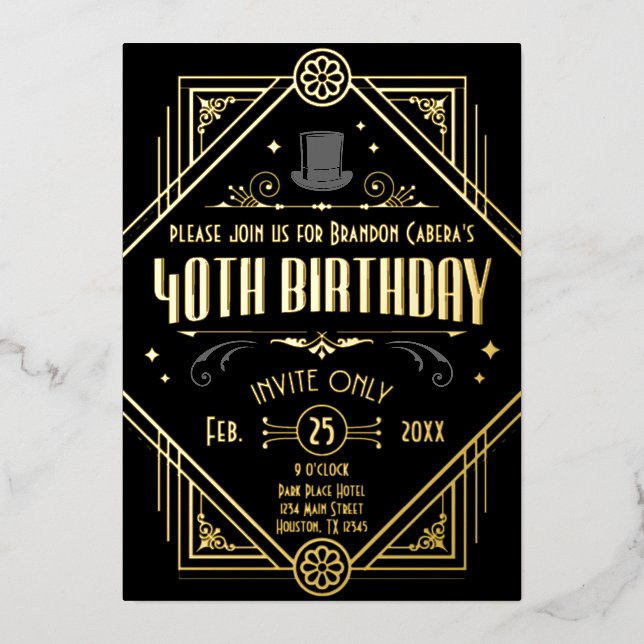 1920s Art Deco Black & Gold 40th Birthday Party Foil Invitation (Front)