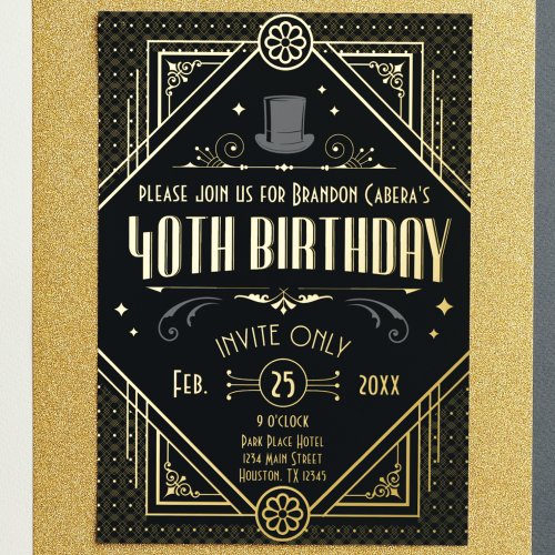 1920s Art Deco Black  Gold 40th Birthday Party Foil Invitation