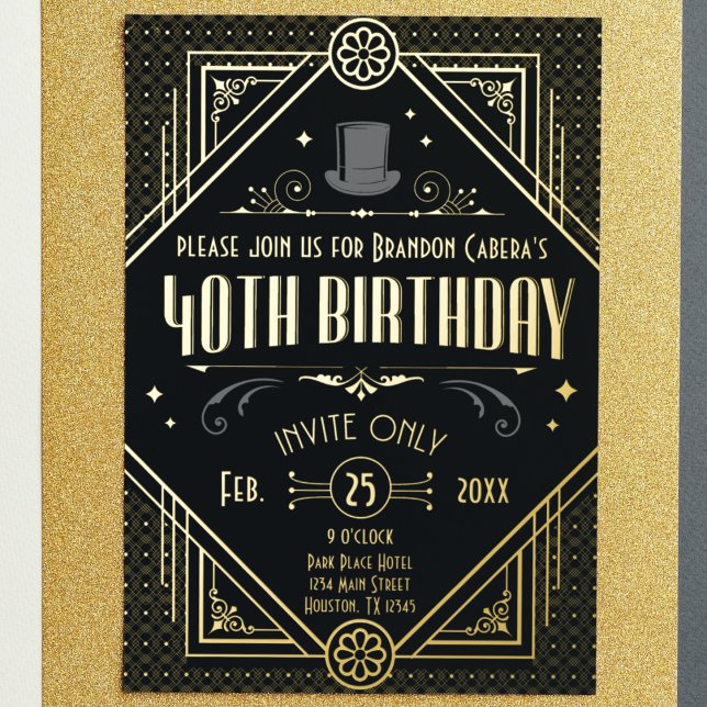 1920s Art Deco Black & Gold 40th Birthday Party Foil Invitation (gold foil 40th birthday speakeasy 1920s Art Deco style custom bday invite cool casino real gold foil)