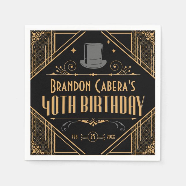 1920s Art Deco Black & Gold 40th Birthday Party Napkins (Front)