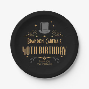 1920s Art Deco Black & Gold 40th Birthday Party Paper Plates