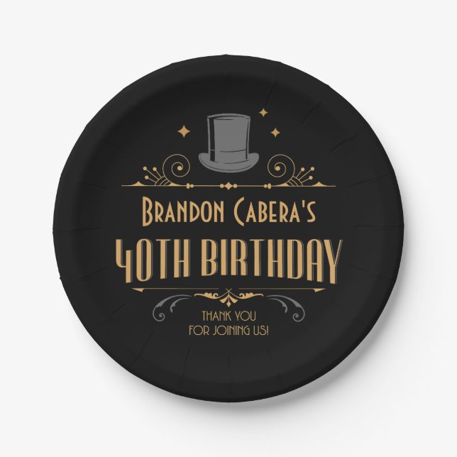 1920s Art Deco Black & Gold 40th Birthday Party Paper Plates (Front)