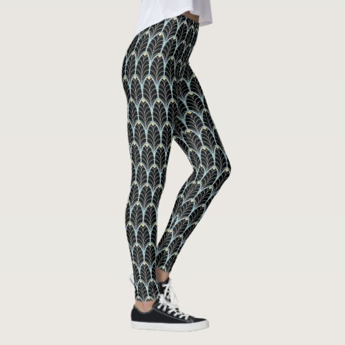 1920s Art Deco Black Palmetto Pattern Leggings