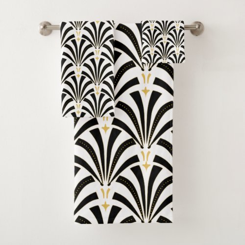 1920s Art Deco Black  White Palmettos Bath Towel Set