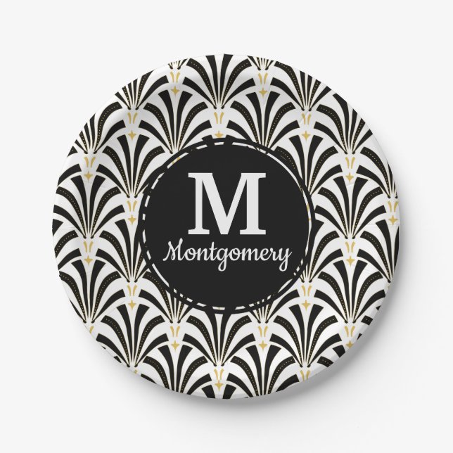 1920s Art Deco Black & White Palmettos Paper Plates (Front)