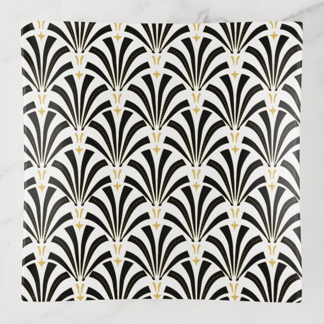 1920s Art Deco Black & White Palmettos Trinket Tray (Front)
