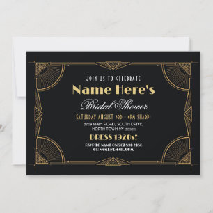 1920's Art Deco Bridal Shower Party Gatsby Gold Invitation