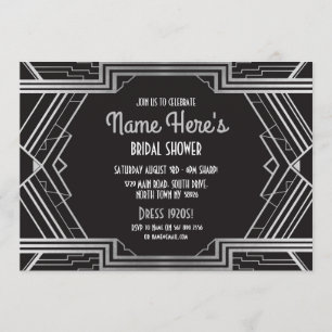 1920's Art Deco Bridal Shower Party Gatsby Silver Invitation