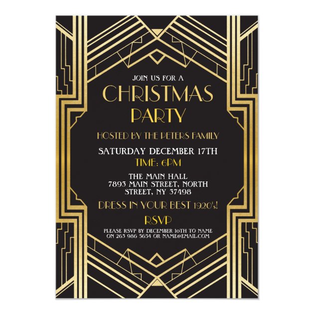 1920's Art Deco Christmas Invite Gatsby Party Gold