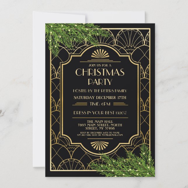 1920's Art Deco Christmas Invite Gatsby Party Gold (Front)