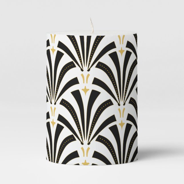 1920s Art Deco Classy Black & White Palmettos Pillar Candle (Front)