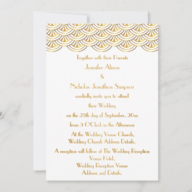 1920s Art Deco Fans White and Faux Gold Wedding Invitation (Front)